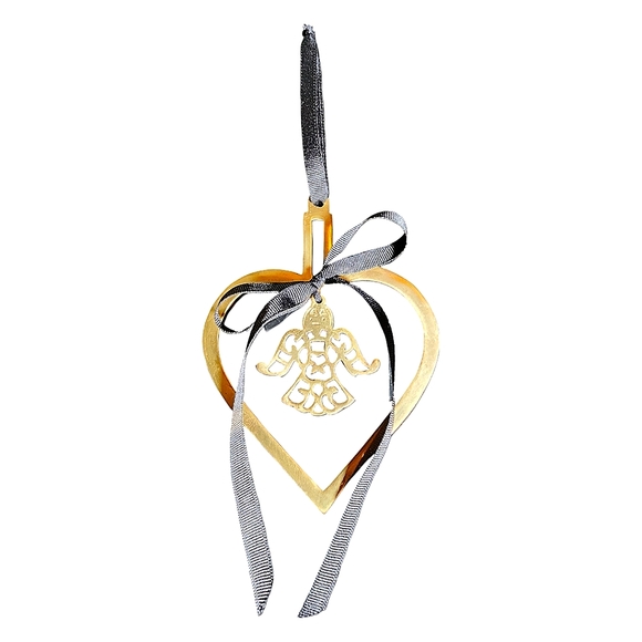 Vintage Brass Heart With Center Angel & Black Ribbon Christmas Ornament 6"X4.5" - Picture 6 of 9